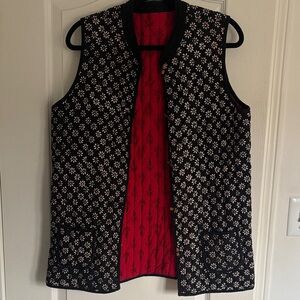 Quilted Black Floral Vest with Red Lining